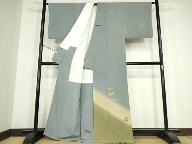 平和屋着物●訪問着　刺繍　松ぼっくり　暈し染め　金彩　鬼しぼ縮緬　正絹　逸品　DABE4007az