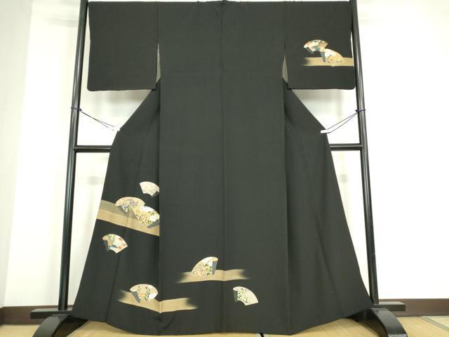 平和屋着物●訪問着　地紙花文　黒地　金彩　正絹　逸品　DABE4012az