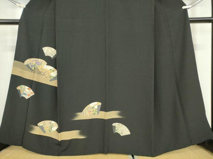 平和屋着物●訪問着　地紙花文　黒地　金彩　正絹　逸品　DABE4012az