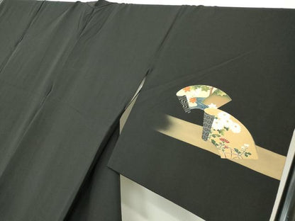 平和屋着物●訪問着　地紙花文　黒地　金彩　正絹　逸品　DABE4012az