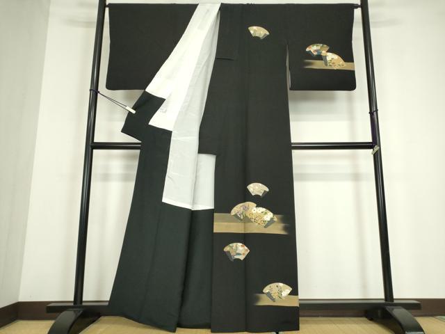 平和屋着物●訪問着　地紙花文　黒地　金彩　正絹　逸品　DABE4012az