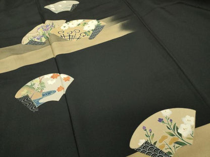 平和屋着物●訪問着　地紙花文　黒地　金彩　正絹　逸品　DABE4012az