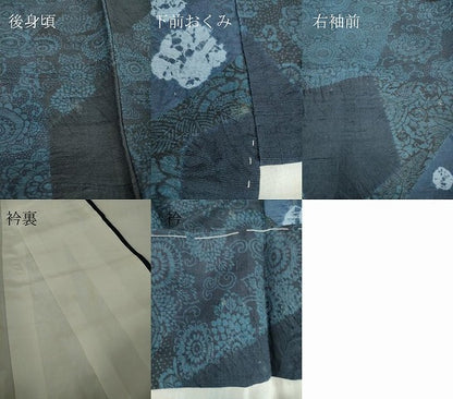 平和屋着物●伝統工芸士　七代目　吉澤与市　紬　藍　型染　絞り　切嵌め花唐草文　証紙付き　正絹　逸品　未使用　DABE4015az