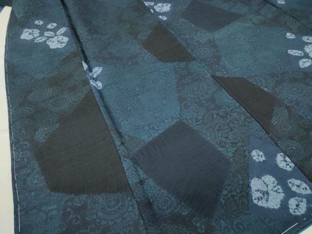 平和屋着物●伝統工芸士　七代目　吉澤与市　紬　藍　型染　絞り　切嵌め花唐草文　証紙付き　正絹　逸品　未使用　DABE4015az