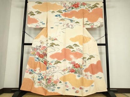 平和屋着物●訪問着　駒刺繍　流水牡丹文　金彩　正絹　逸品　DABE4029az
