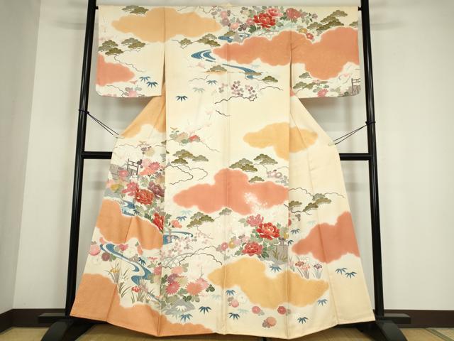 平和屋着物●訪問着　駒刺繍　流水牡丹文　金彩　正絹　逸品　DABE4029az