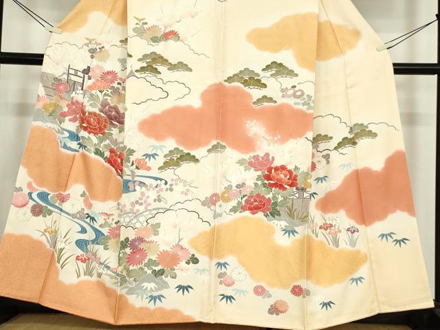 平和屋着物●訪問着　駒刺繍　流水牡丹文　金彩　正絹　逸品　DABE4029az