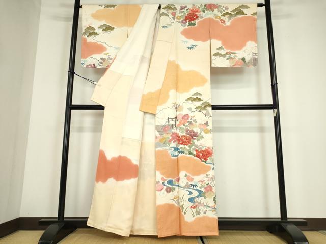 平和屋着物●訪問着　駒刺繍　流水牡丹文　金彩　正絹　逸品　DABE4029az 平和屋着物○訪問着 駒刺繍 流水牡丹文 金彩 正絹 逸品 DABE4029az