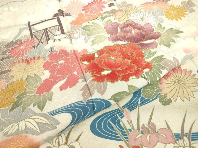 平和屋着物●訪問着　駒刺繍　流水牡丹文　金彩　正絹　逸品　DABE4029az
