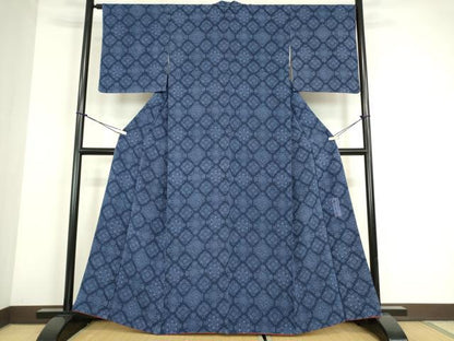 平和屋着物●阿波藍染　阿波友禅　徳島県無形文化財保持者　香川卓美　小紋　正倉院花文　鬼しぼ縮緬　正絹　逸品　DABE4033az