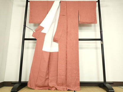 平和屋着物●上質な色無地　人物御所車風景地紋　浅緋色　さが美扱い　正絹　逸品　未使用　DABE4044az