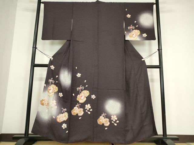 平和屋着物●訪問着　駒刺繍　蛍暈し　巾着に舞桜　正絹　逸品　DABE4047az