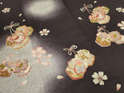 平和屋着物●訪問着　駒刺繍　蛍暈し　巾着に舞桜　正絹　逸品　DABE4047az