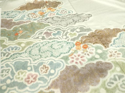 平和屋着物●訪問着　絞り　刺繍　雲取り花文　金彩　正絹　逸品　DABE4052az