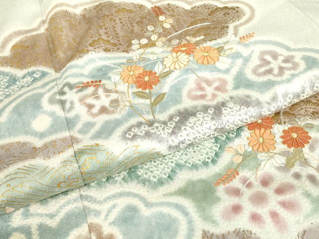 平和屋着物○訪問着 絞り 刺繍 雲取り花文 金彩 正絹 逸品 DABE4052az