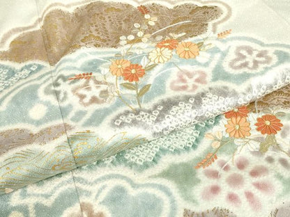 平和屋着物●訪問着　絞り　刺繍　雲取り花文　金彩　正絹　逸品　DABE4052az
