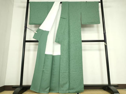 平和屋着物●上質な色無地　花松地紋　千草色　正絹　逸品　DABE4053az