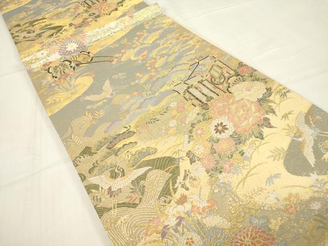 平和屋着物▼六通柄袋帯　御所車飛鶴花文　金糸　正絹　逸品　DABE4075az