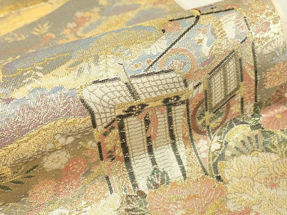 平和屋着物▼六通柄袋帯　御所車飛鶴花文　金糸　正絹　逸品　DABE4075az
