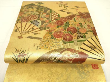 平和屋着物▼漆工芸作家　金森一博　六通柄袋帯　扇面御所車吉祥花文　金彩　引箔　正絹　逸品　DABE4077az