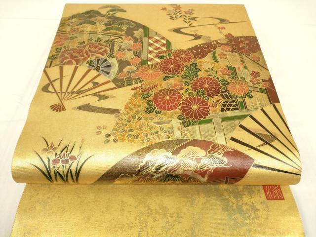 平和屋着物▼漆工芸作家　金森一博　六通柄袋帯　扇面御所車吉祥花文　金彩　引箔　正絹　逸品　DABE4077az