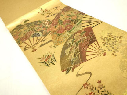 平和屋着物▼漆工芸作家　金森一博　六通柄袋帯　扇面御所車吉祥花文　金彩　引箔　正絹　逸品　DABE4077az