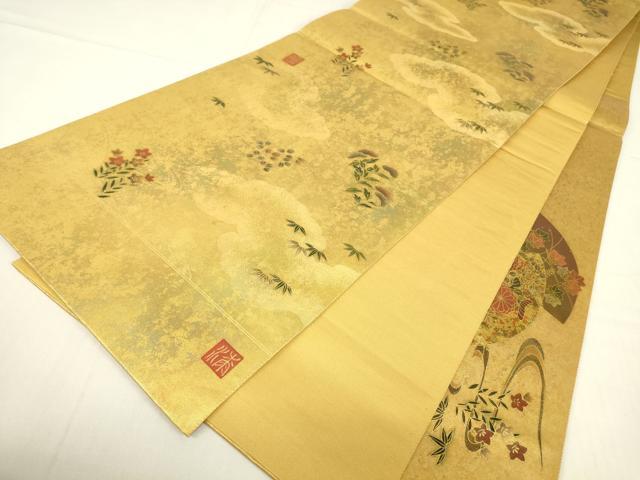 平和屋着物▼漆工芸作家　金森一博　六通柄袋帯　扇面御所車吉祥花文　金彩　引箔　正絹　逸品　DABE4077az