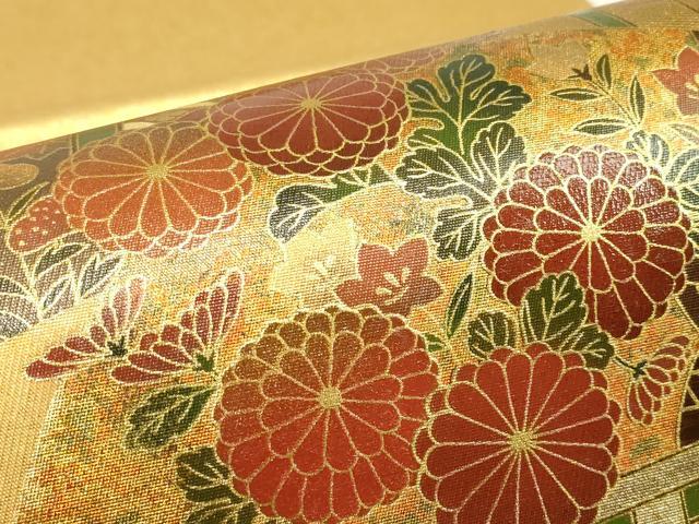 平和屋着物▼漆工芸作家　金森一博　六通柄袋帯　扇面御所車吉祥花文　金彩　引箔　正絹　逸品　DABE4077az