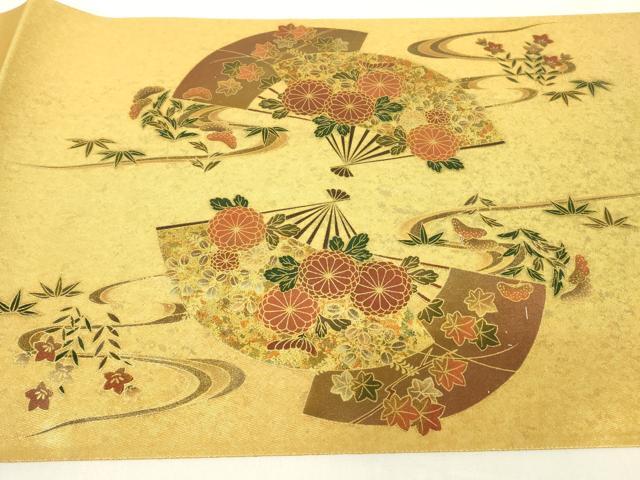 平和屋着物▼漆工芸作家　金森一博　六通柄袋帯　扇面御所車吉祥花文　金彩　引箔　正絹　逸品　DABE4077az