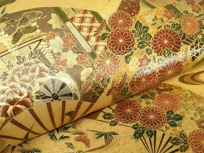 平和屋着物▼漆工芸作家　金森一博　六通柄袋帯　扇面御所車吉祥花文　金彩　引箔　正絹　逸品　DABE4077az