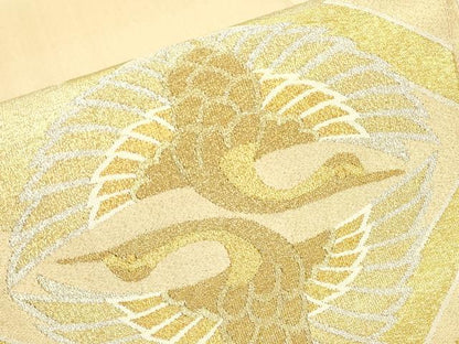 平和屋着物▼綴れ 太鼓柄袋帯 双鶴菱松文 金銀糸 正絹 逸品 DABE4082az