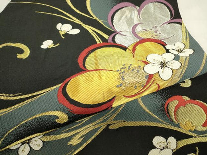 平和屋着物▼六通柄袋帯　舞花文　黒地　金銀糸　正絹　逸品　DABE4095az