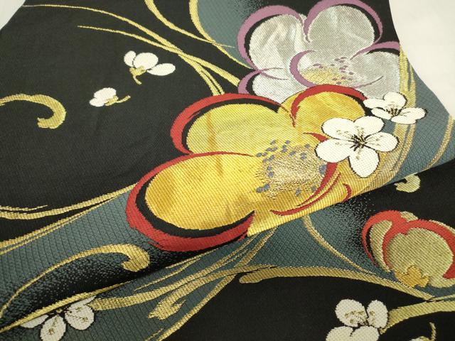 平和屋着物▼六通柄袋帯　舞花文　黒地　金銀糸　正絹　逸品　DABE4095az