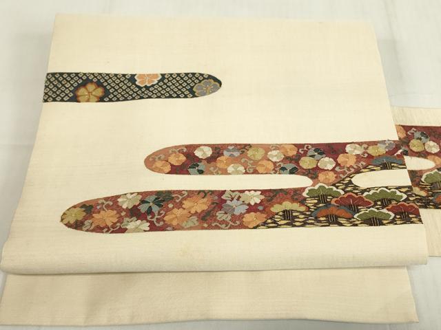 平和屋着物▼明綴れ　九寸名古屋帯　霞取花松文　金糸　正絹　逸品DABE4100az
