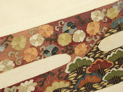 平和屋着物▼明綴れ　九寸名古屋帯　霞取花松文　金糸　正絹　逸品DABE4100az