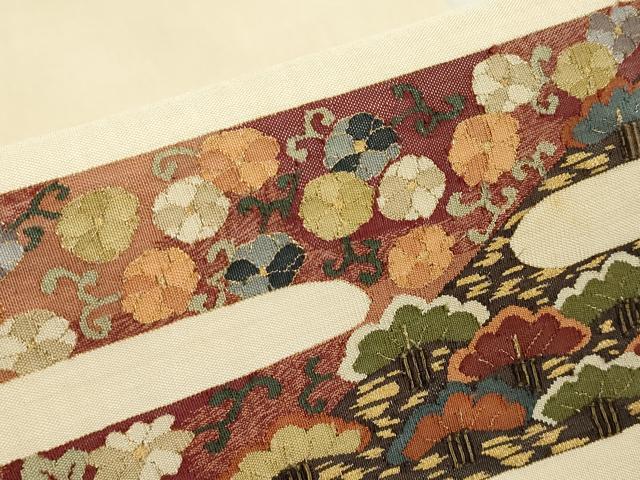 平和屋着物▼明綴れ　九寸名古屋帯　霞取花松文　金糸　正絹　逸品DABE4100az
