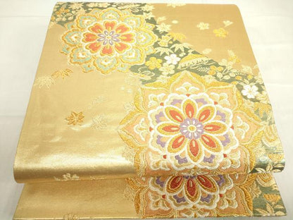 平和屋着物▼六通柄袋帯 正倉院花文 金糸 正絹 逸品 DABE4104az