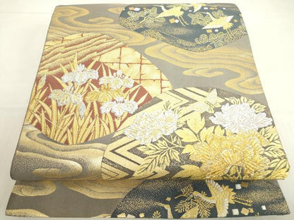 平和屋着物▼六通柄袋帯 飛鶴花蝶文 金銀糸 正絹 逸品 DABE4105az
