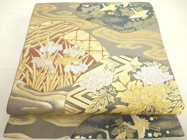 平和屋着物▼六通柄袋帯 飛鶴花蝶文 金銀糸 正絹 逸品 DABE4105az