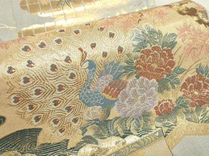 平和屋着物▼六通柄袋帯　几帳孔雀文　紹巴　金糸　正絹　逸品DABE4109az