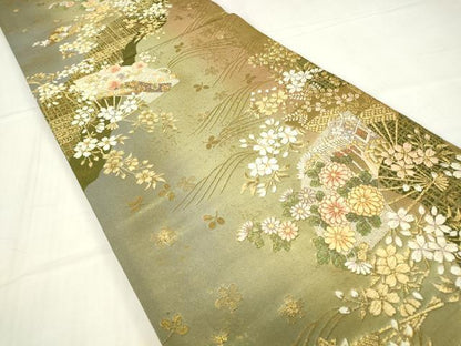 平和屋着物▼六通柄袋帯 御所車扇面花文 金糸 正絹 逸品 DABE4112az