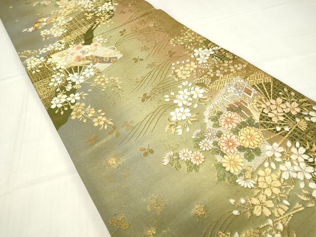 平和屋着物▼六通柄袋帯 御所車扇面花文 金糸 正絹 逸品 DABE4112az
