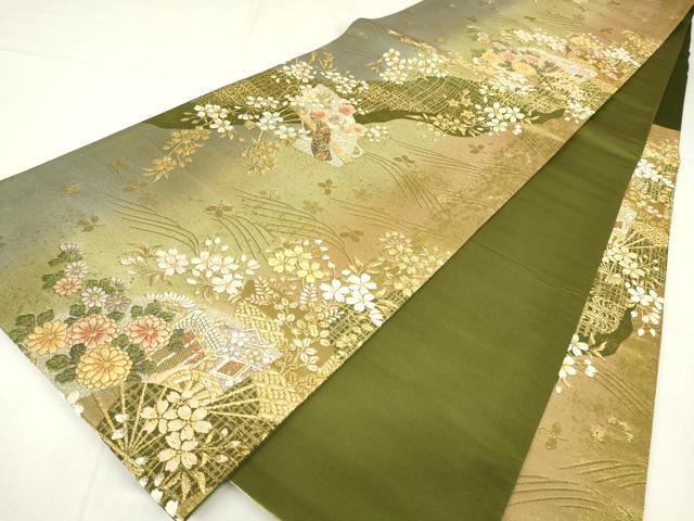 平和屋着物▼六通柄袋帯 御所車扇面花文 金糸 正絹 逸品 DABE4112az