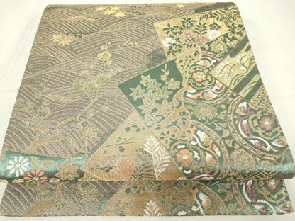平和屋着物▼六通柄袋帯　色紙重花文　金糸　正絹　逸品　DABE4113az