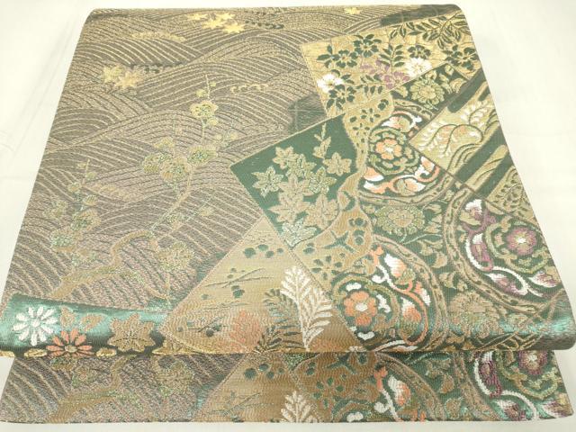 平和屋着物▼六通柄袋帯　色紙重花文　金糸　正絹　逸品　DABE4113az