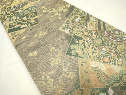 平和屋着物▼六通柄袋帯　色紙重花文　金糸　正絹　逸品　DABE4113az
