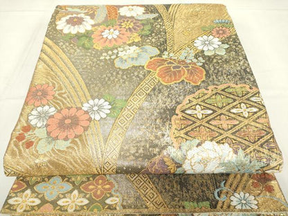 平和屋着物▼六通柄袋帯　菊牡丹文　金糸　正絹　逸品　DABE4119az