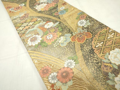 平和屋着物▼六通柄袋帯　菊牡丹文　金糸　正絹　逸品　DABE4119az