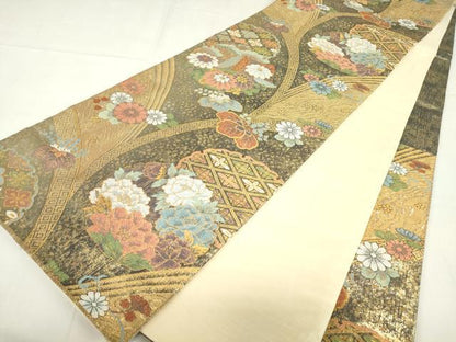 平和屋着物▼六通柄袋帯　菊牡丹文　金糸　正絹　逸品　DABE4119az