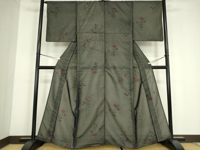 平和屋着物▽上質な小紋 無双 紗×絽 草花文 黒地 正絹 逸品
